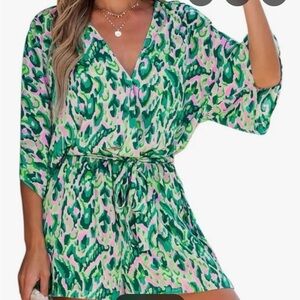 Green and Pink Patterned Women's romper